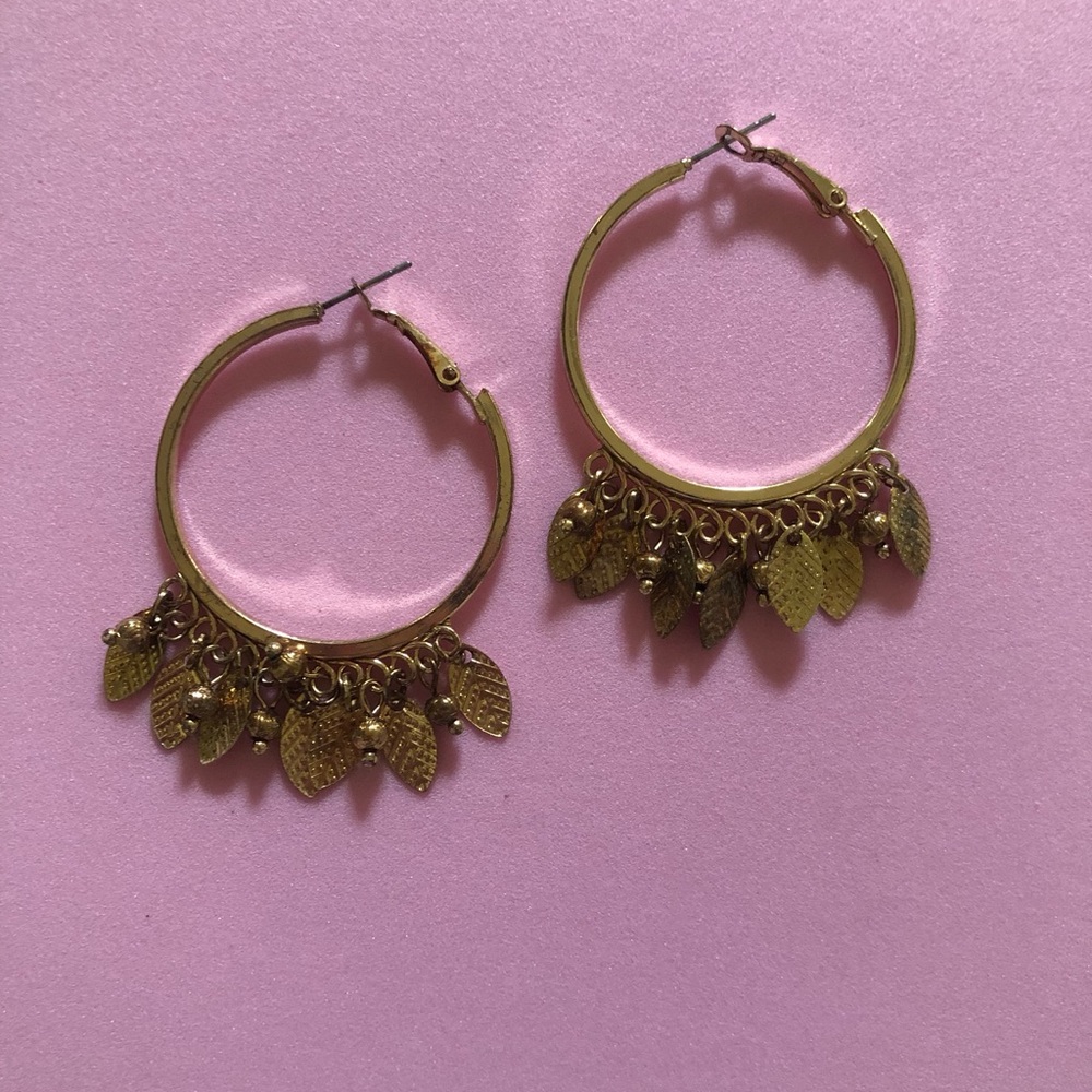 Gold Leaf Charm Hoop Earrings